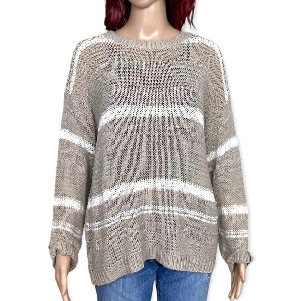 Becaal Striped Lightweight Sweater Womens Medium Taupe White Open Knit